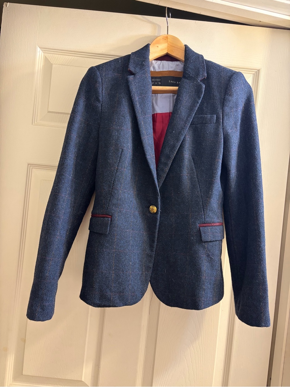 Zara Navy Tweed Blazer with Red Trim